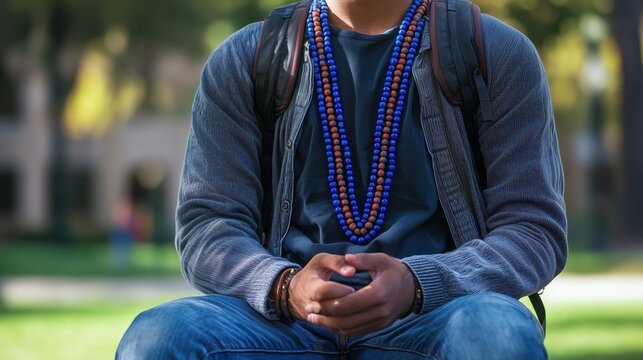 Student outdoors wearing layered bead necklaces, promoting individuality