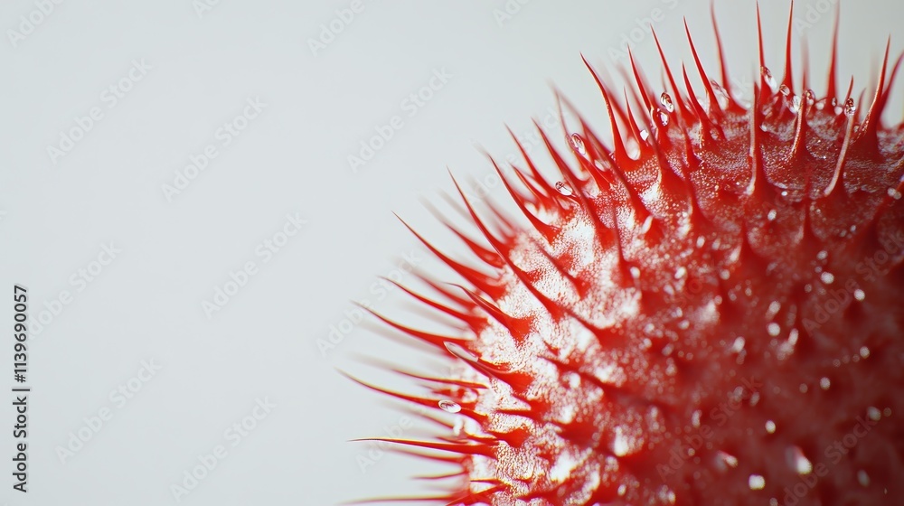 Poster close up of a red spiky sphere, abstract texture.