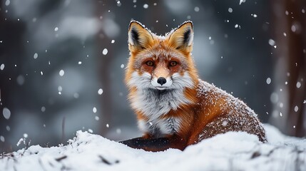 Obraz premium Red Fox in Winter Snowfall. Winter Wildlife, Snowy Forest, Animal Portrait