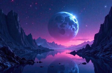 Futuristic fantasy landscape, sci-fi landscape with planet, neon light, cold planet. Galaxy, unknown planet. Dark natural scene with light reflection in water. Neon space galaxy portal.