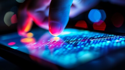 A close-up of a finger interacting with a vibrant touchscreen displaying colorful data.