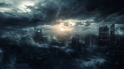Futuristic City Under Stormy Sky. Concept of dystopian, apocalyptic, and urban.