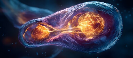 Cell division, mitosis, binary fission, abstract microscopic view.