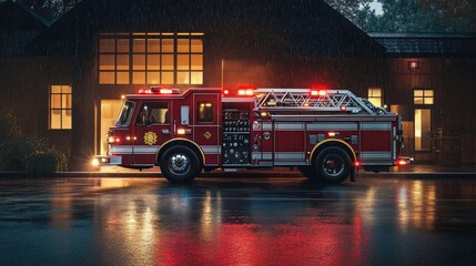 Bright Red Fire Truck Parked in Rainy Atmosphere Near a Building, Emergency Lights Flashing, Reflecting on Wet Pavement, Fire Service Vehicle Concept