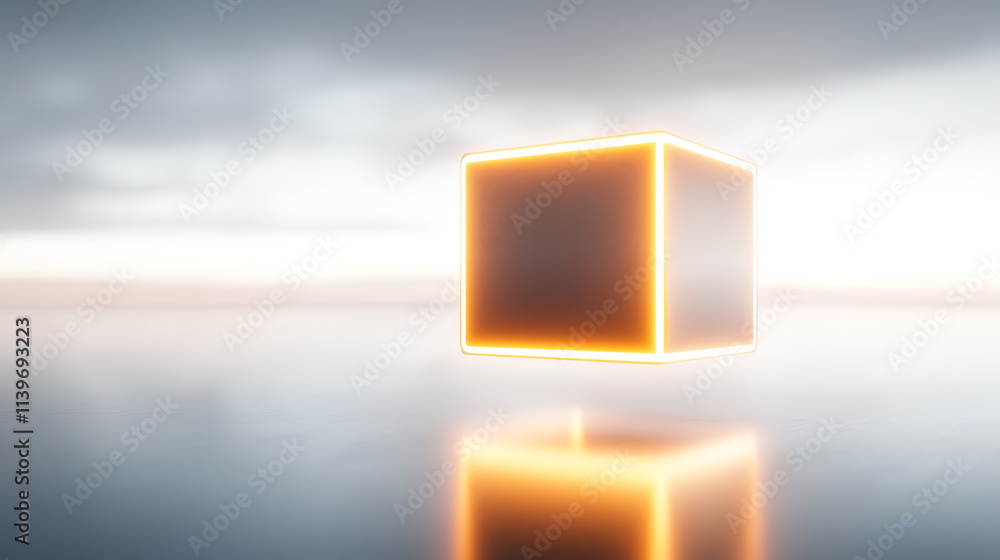 Poster a glowing cube on a reflective surface with a serene background atmosphere.