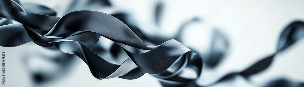 Poster abstract composition of flowing ribbons in dark tones with a soft gradient background.