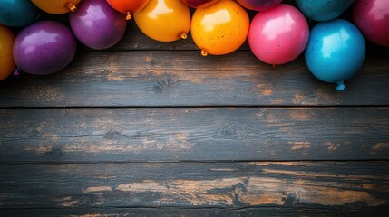 Naklejka premium Party balloons scattered on a wooden floor, leaving the upper half empty for text