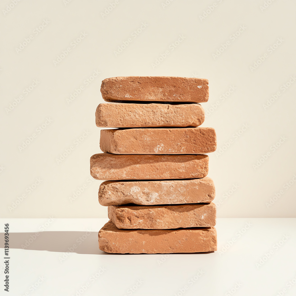 Poster A stack of clay bricks arranged neatly on a minimalist surface, showcasing texture and color.