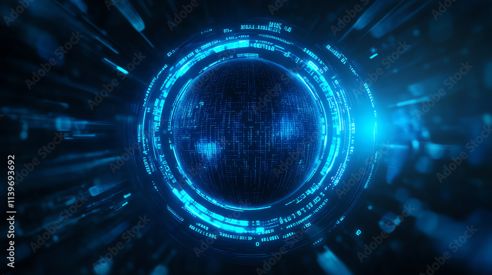 Aufkleber futuristic digital abstract with glowing blue lines and circular patterns.