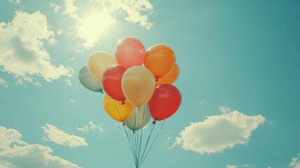 Fototapeta premium A cluster of colorful party balloons rising into the sky, leaving blank areas