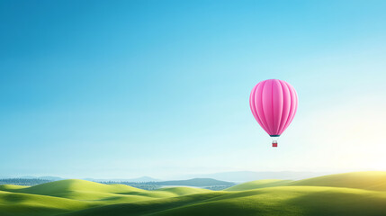 Naklejka premium A vibrant pink hot air balloon floats over green hills under a clear blue sky.