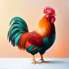 Fototapeta premium A vibrant and colorful rooster stands proudly against a soft gradient background.