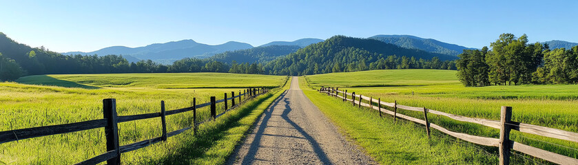 Scenic rural road meandering through green fields and mountains under clear blue sky.