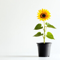 Obraz premium A vibrant sunflower blooming in a black pot against a minimalistic background.
