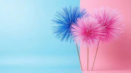 Minimalistic fireworks in soft pastel shades over a gradient background, leaving central text space