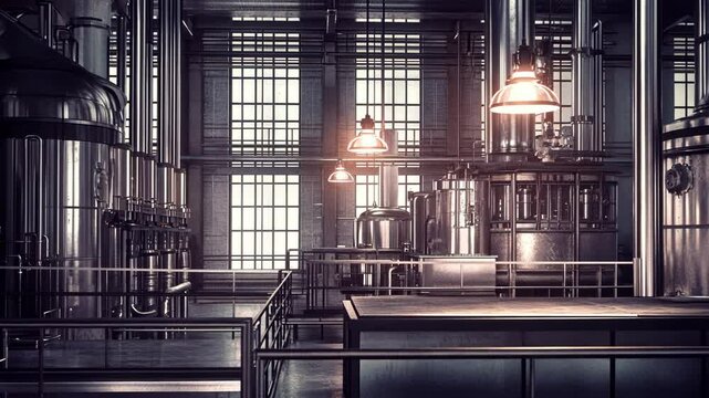 Industrial interior of a brewery showcasing brewing equipment and natural light streaming through large windows