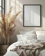 Sunlight Streams Through Bedroom, Blank Canvas Decorates Walls, Beige Throw Adds Warmth