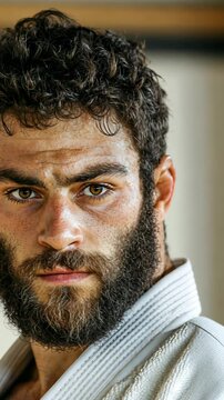 Strong athlete with intense gaze prepares for jiu jitsu practice at a training facility