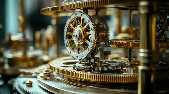 Clock gears turning in motion, with ample blank space in the foreground