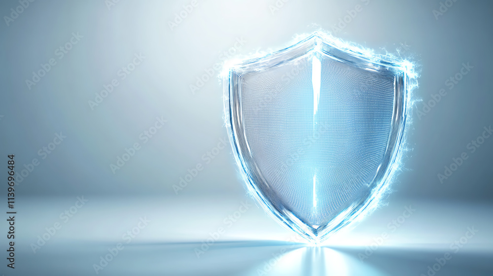 Poster shiny digital shield symbolizing protection and security in a modern context.