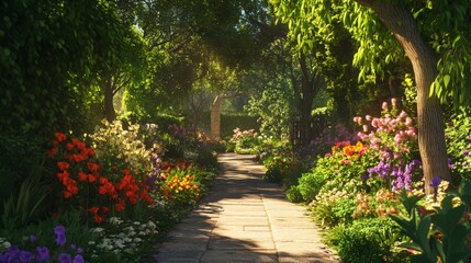 Serene Garden Pathway Surrounded by Colorful Blooms and Foliage