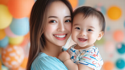 Portrait of a beautiful young Asian mother holding her baby boy at a birthday party, both smiling and looking at the camera