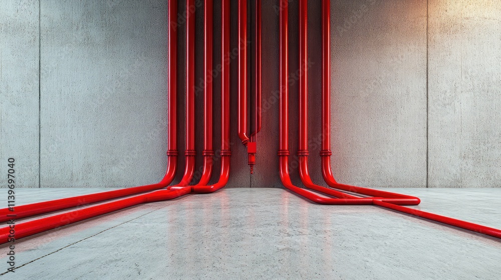 Poster red industrial pipes on concrete wall: a detailed view of pipe installation in modern architecture, 
