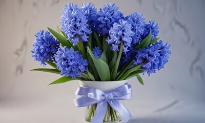 Colorful bouquet of blue hyacinth flowers with ribbons and decorations, ribbons, blue flowers, decorative accents