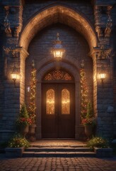 Grand entrance of a castle adorned with intricate holiday lighting, historic castles, snowy surroundings