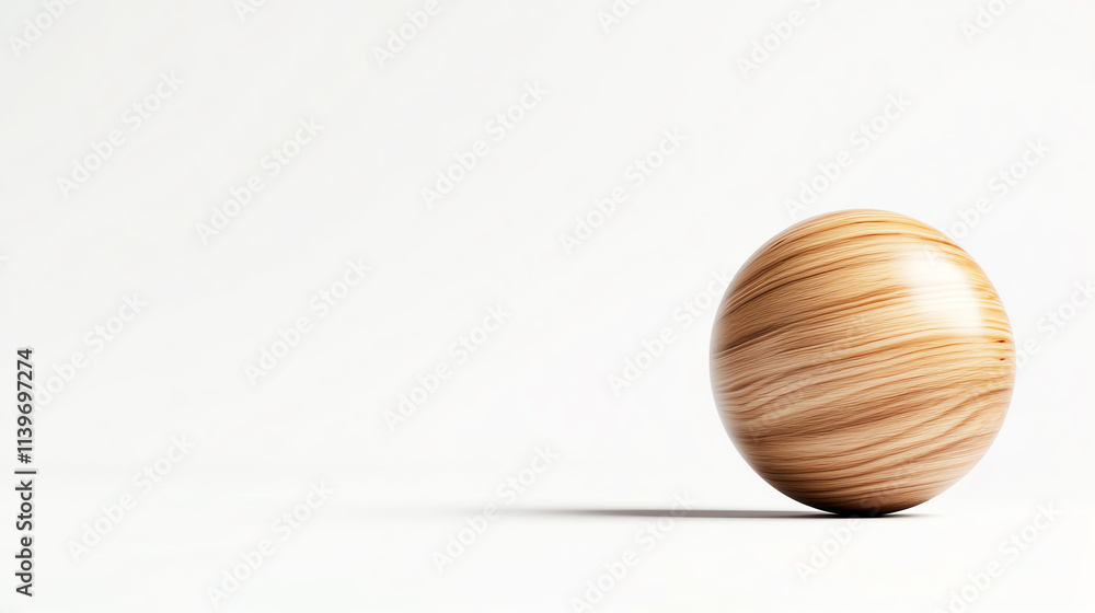 Poster a minimalistic wooden sphere resting on a clean surface with soft shadows.