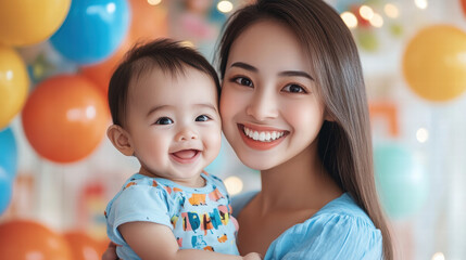 Portrait of a beautiful young Asian mother holding her baby boy at a birthday party, both smiling and looking at the camera