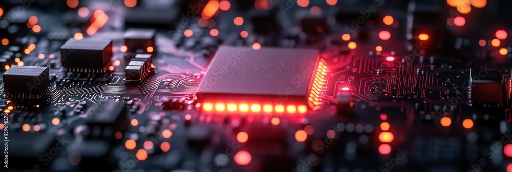 Aufkleber illuminated computer chip with glowing red circuits and components.