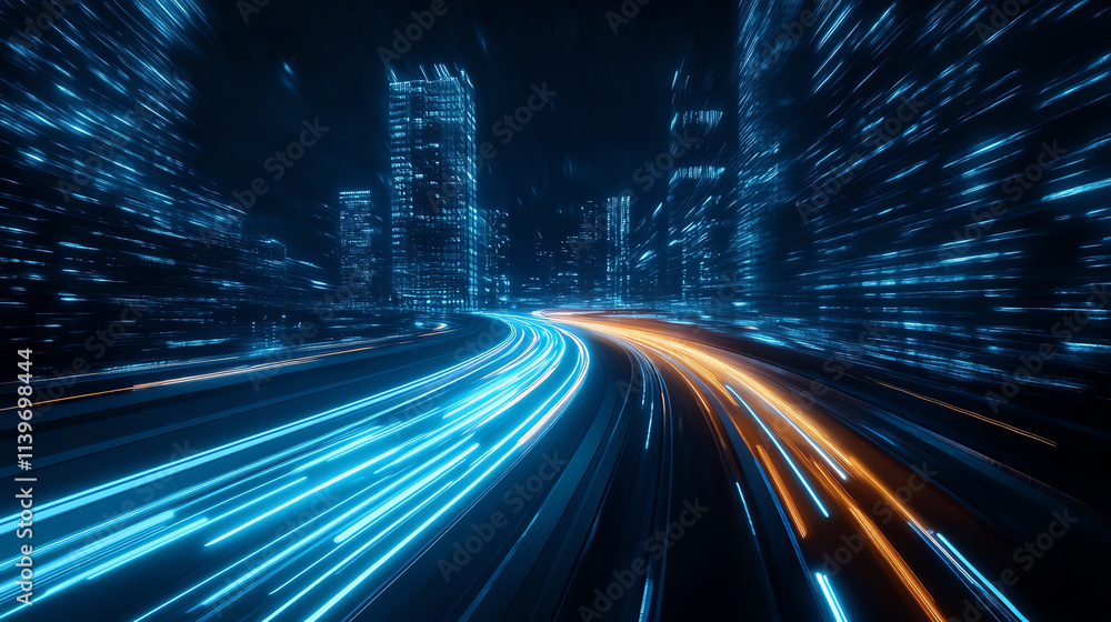 Poster Abstract digital cityscape with glowing lines representing fast movement and innovation.