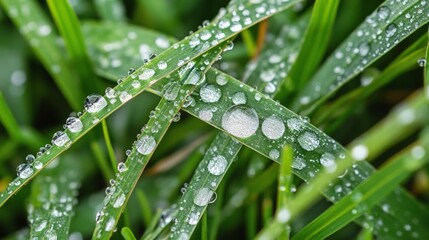 Tranquil Morning Scene with Dewdrops on Grass Blades