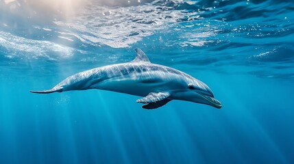 Fototapeta premium Dolphin swimming underwater, sunbeams. Concept of marine life, ocean wildlife, and underwater beauty.