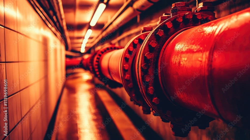 Poster industrial red pipes in a dimly lit underground corridor with gleaming surfaces and reflective light