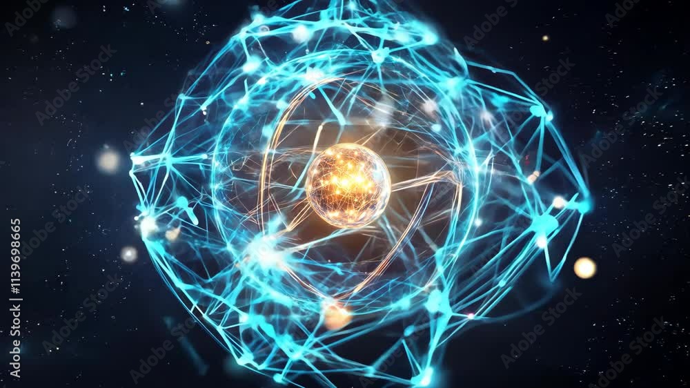 Poster digital illustration depicting an intricate atomic structure with glowing electrons and particles. t