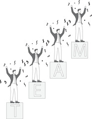 The concept of teamwork, team group members stacking human pyramid to raise the steps, the concept of corporate culture, rising corporate profits