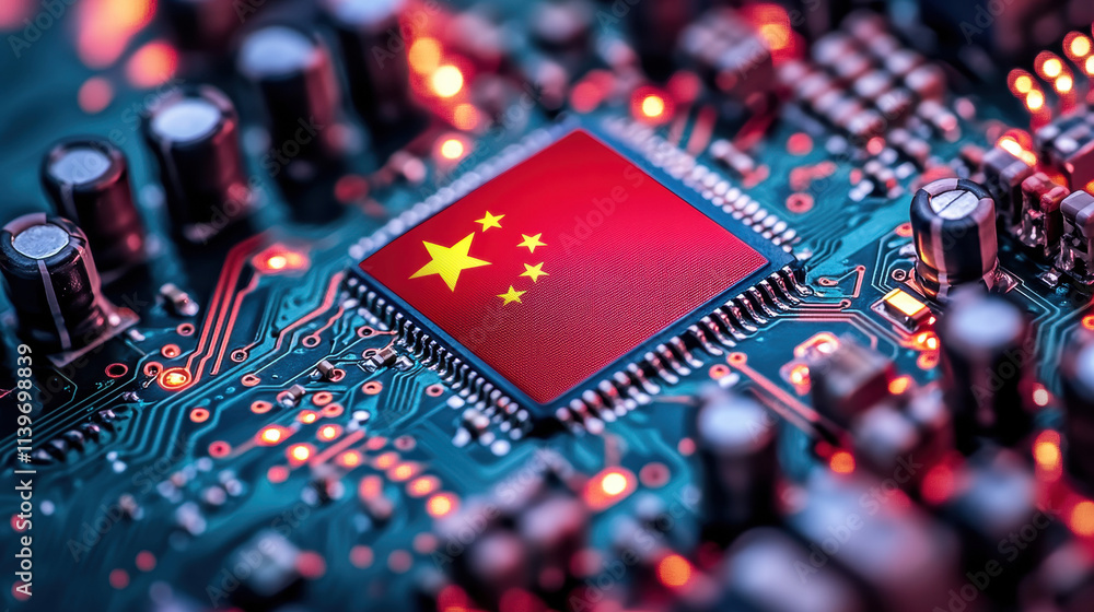 Poster close-up of the chinese flag on a computer chip, with a circuit board background