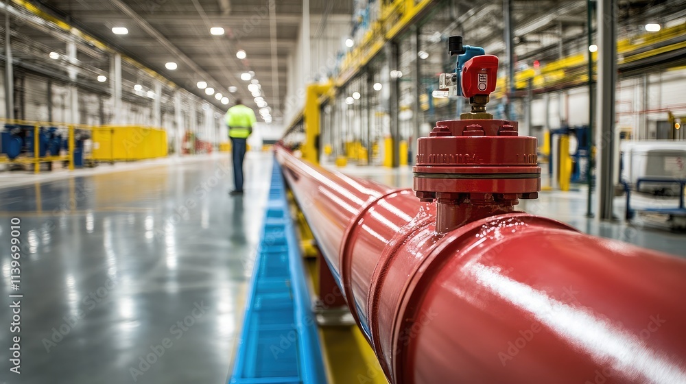 Aufkleber industrial pipe infrastructure in a modern factory setting with worker in background highlighting ma