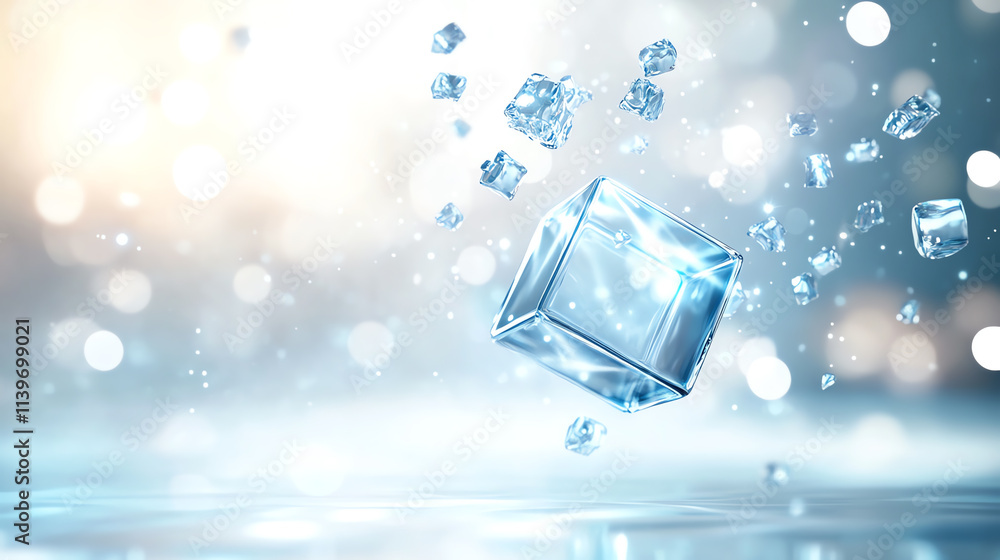 Poster a refreshing ice cube splashing into crystal-clear water, capturing coolness and purity.