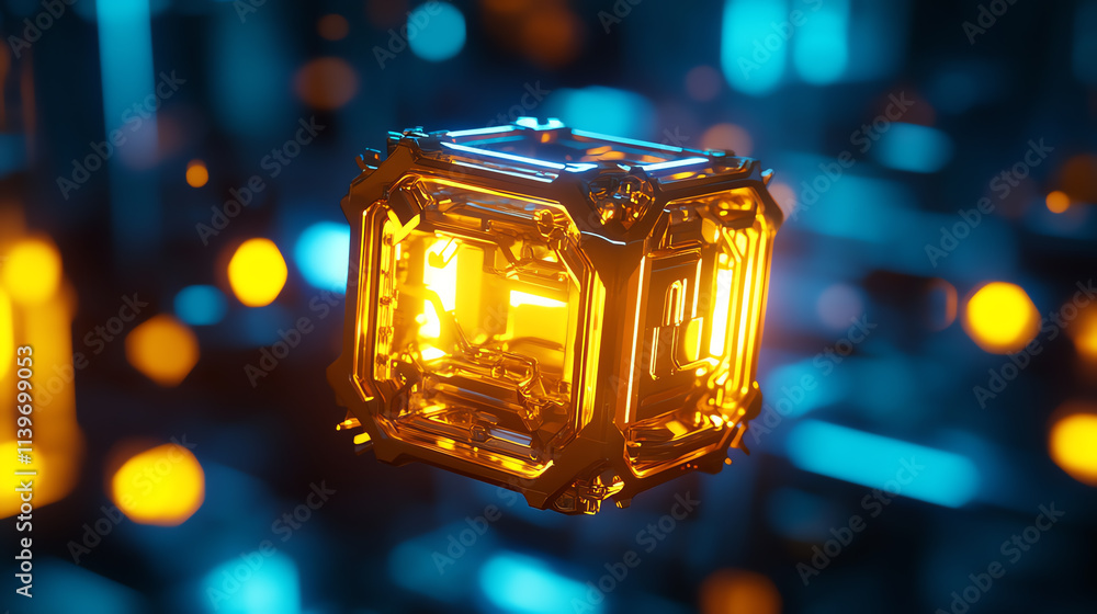 Poster futuristic glowing cube in a vibrant digital environment with dynamic lighting.