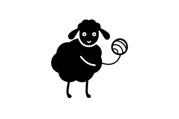 A joyful sheep holding a yarn ball in cartoon sticker illustration.