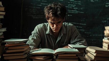 A student sitting at a desk, staring at books with a distressed expression, symbolizing academic stress and pressure