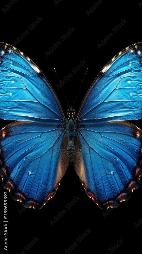 Poster A vibrant blue butterfly with intricate wing patterns displayed symmetrically.
