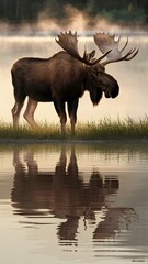 Majestic Moose Standing Near Calm Lake at Sunrise with Antler Reflection