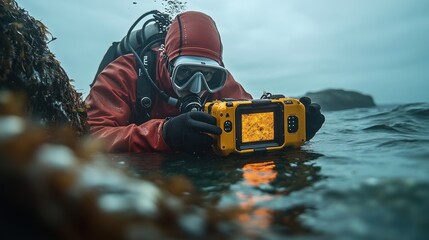 Diver photographing underwater life with a specialized camera in a rocky coastal environment.