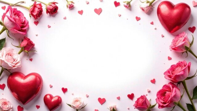 Hearts and flowers on a white background, top view, layout for a card for Valentine's Day, Mother's Day, weddings, place for text