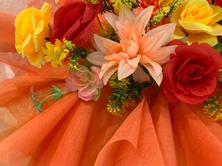 Picture of red and yellow rose petals blooming , beautiful flower and authentic fragrance for wedding or valentine colorful bouquet, selective focus.