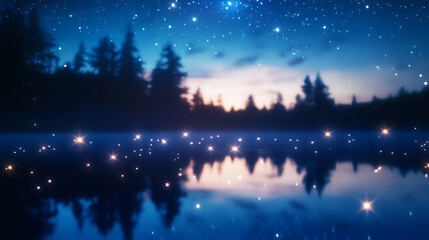 Fototapeta premium A serene lakeside view under a starry sky with reflections and glowing lights.